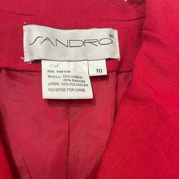 Sandro Linen Blend Oversized Red Blazer Mother of Pearl Buttons Size 10 - Picture 6 of 7